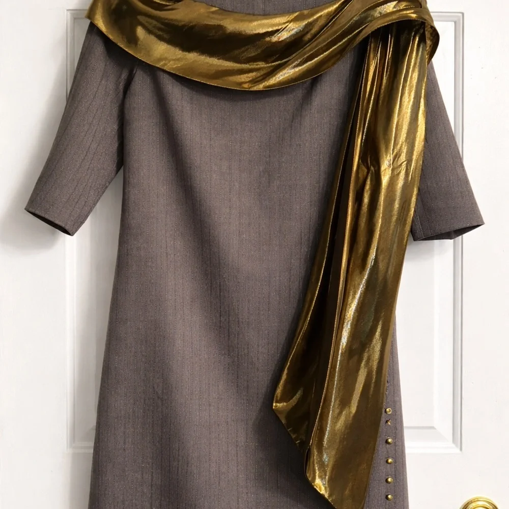 Alice + Olivia Draped Sash Dress Green Gold Metallic Mini Size M - Picture 3 of 10